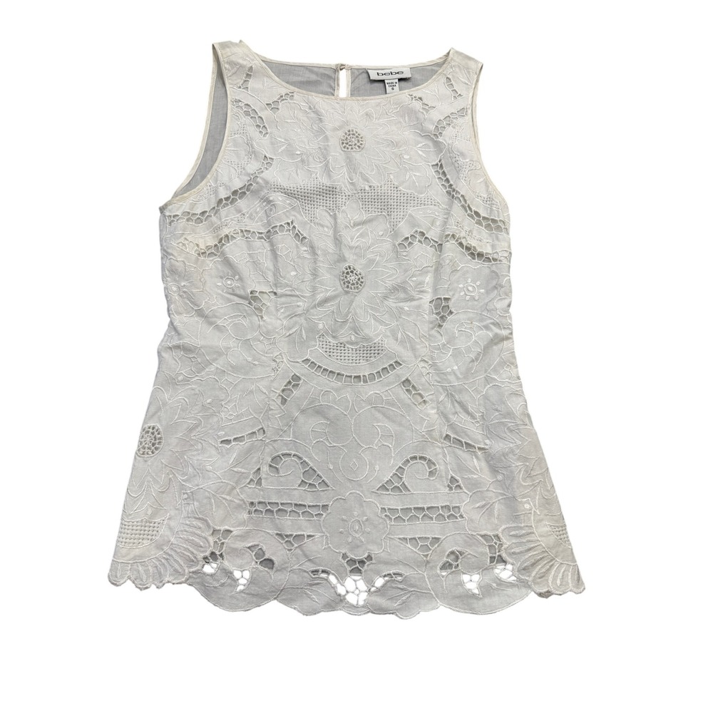 Bebe White Lace Cutout Eyelet Sleeveless Blouse Top Womens Size S Side Button